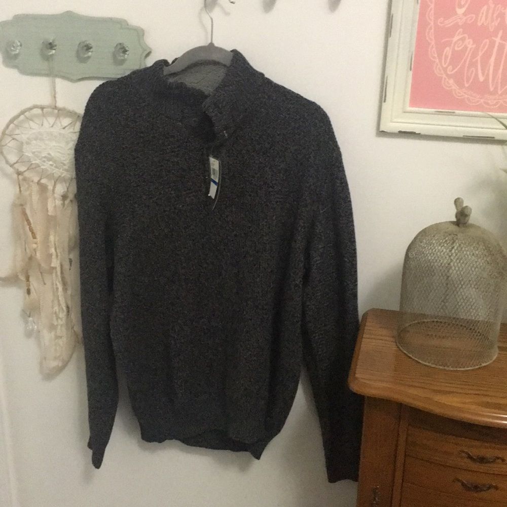 NEW GH Bass Sweater XL Charcoal Gray Marled Knit Henley Mock Neck Cotton Blend